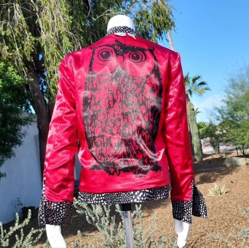 CHICOS Red Owl Lined Moto Jacket 0 Small Wearable Art Statement Zip Work Office - Picture 8 of 16